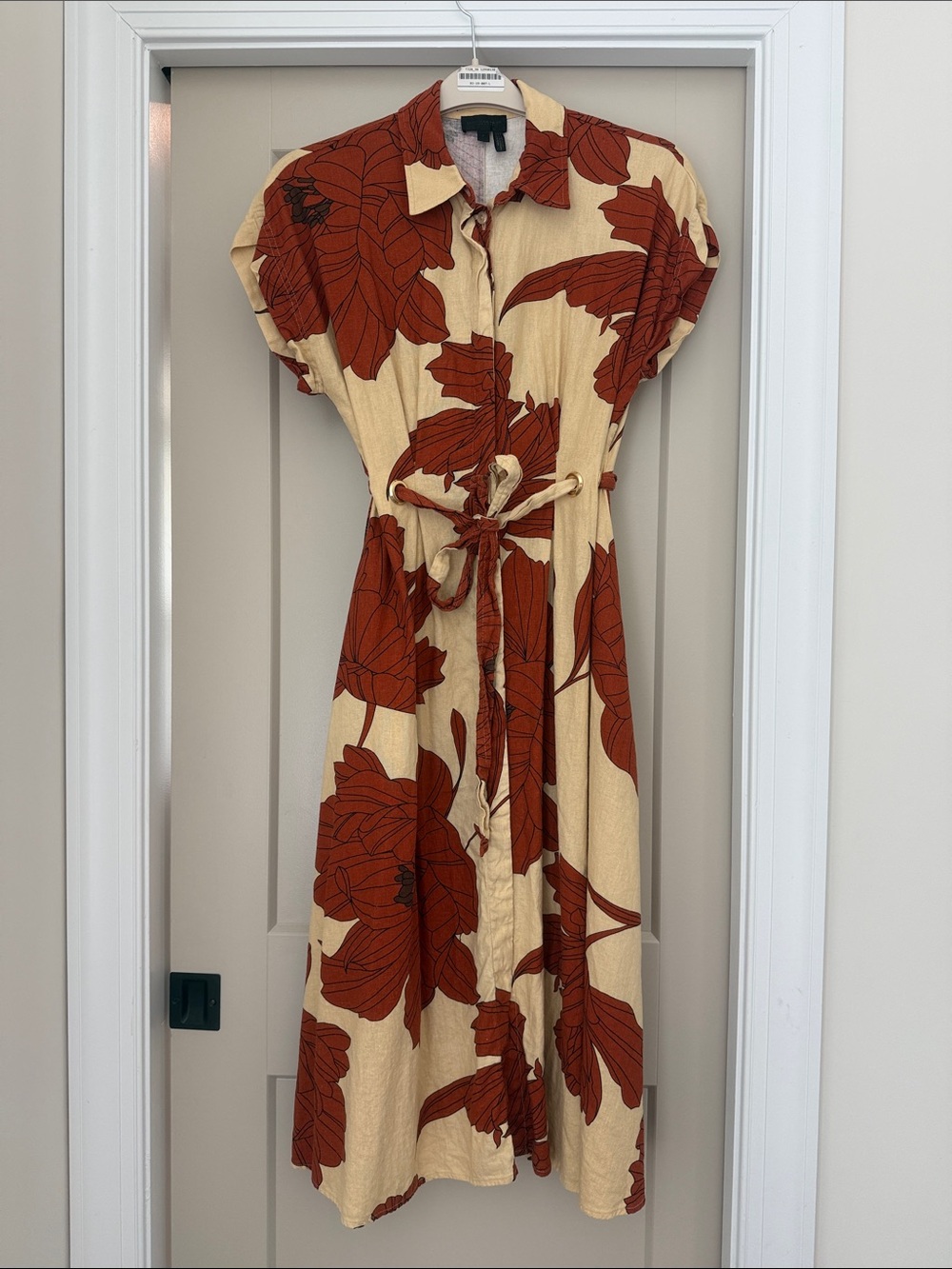 Donna Karan Cream Midi Dress with Burnt Orange Botanical Print